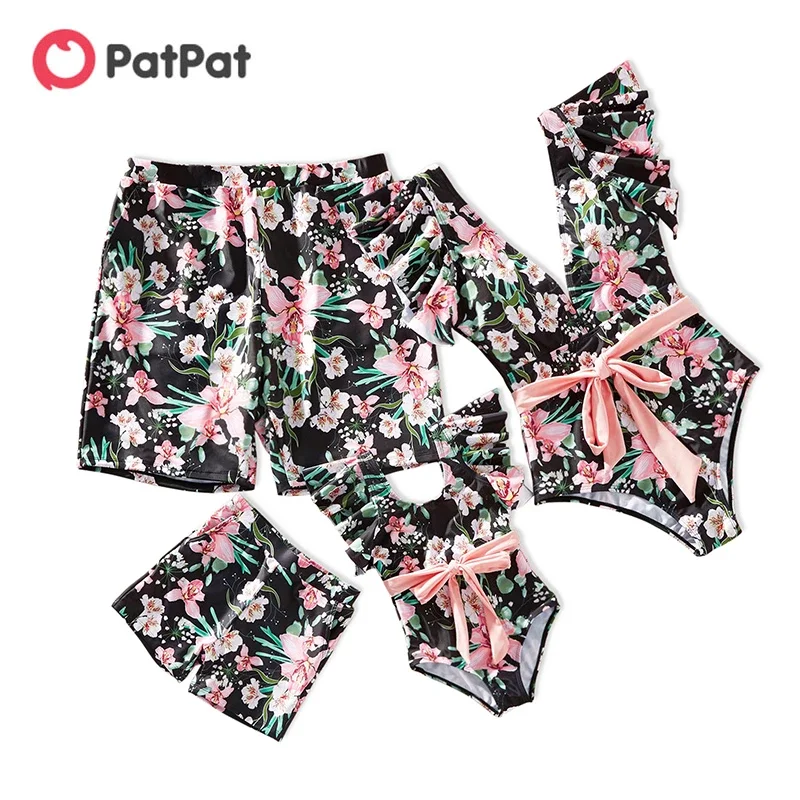 

PatPat Floral Print Family Matching Swimsuits(Pink Waist Tie One-piece Swimsuits for Mommy and Girl Swim Trunks for Dad and Boy)