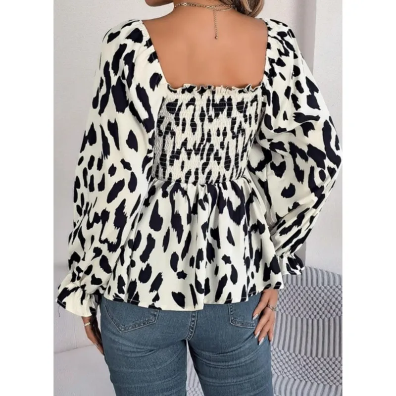 Casual Allover Print Square Neck Shirred Ruffle Hem Blouse For Spring & Fall Elegant Women's Clothing