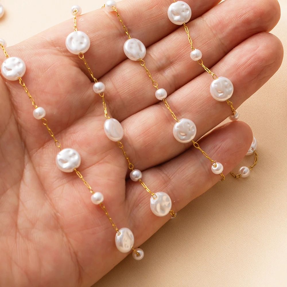 1Meter Edelstahl Flache Runde Imitation Perle Perle Kette Für DIY Halskette Armband Schmuck Machen Liefert Handwerk Komponente