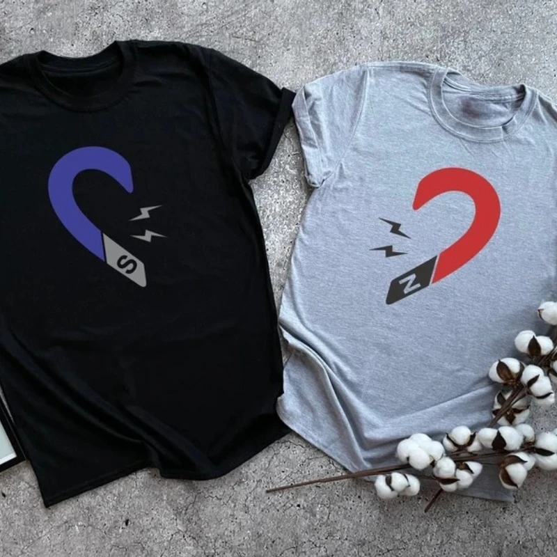 And Love Magnets Couple Printed T-Shirt Tops Valentines Day Matching Short-sleev Couple Heart Unisex Casual Style Tee Gifts