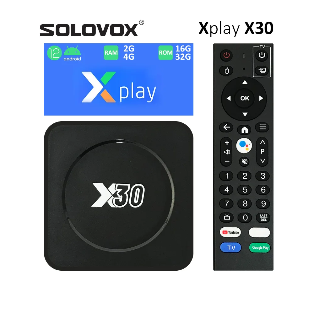 يتميز صندوق تلفزيون SOLOVOX Xplay Android 12 X30 ثنائي النطاق WiFi5 جيجا هرتز 2G 4G RAM 16G 32G ROM HD2.0 8K 22FPS HEVC Stalkermac X Player