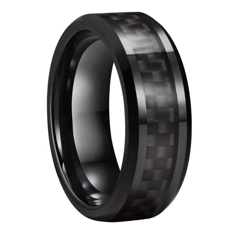 8MM Men's Tungsten Steel Carbide Wedding Band Engagement Rings for Men Women Black Carbon Fiber Inlay Beveled Edges Comfort Fit