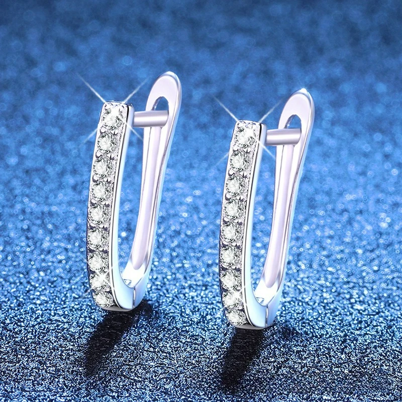 Platinum PT950 18K Gold Moissanite Single Row Full Diamond U-shaped Earrings with Ear Loops and Clasps, Niche Earrings
