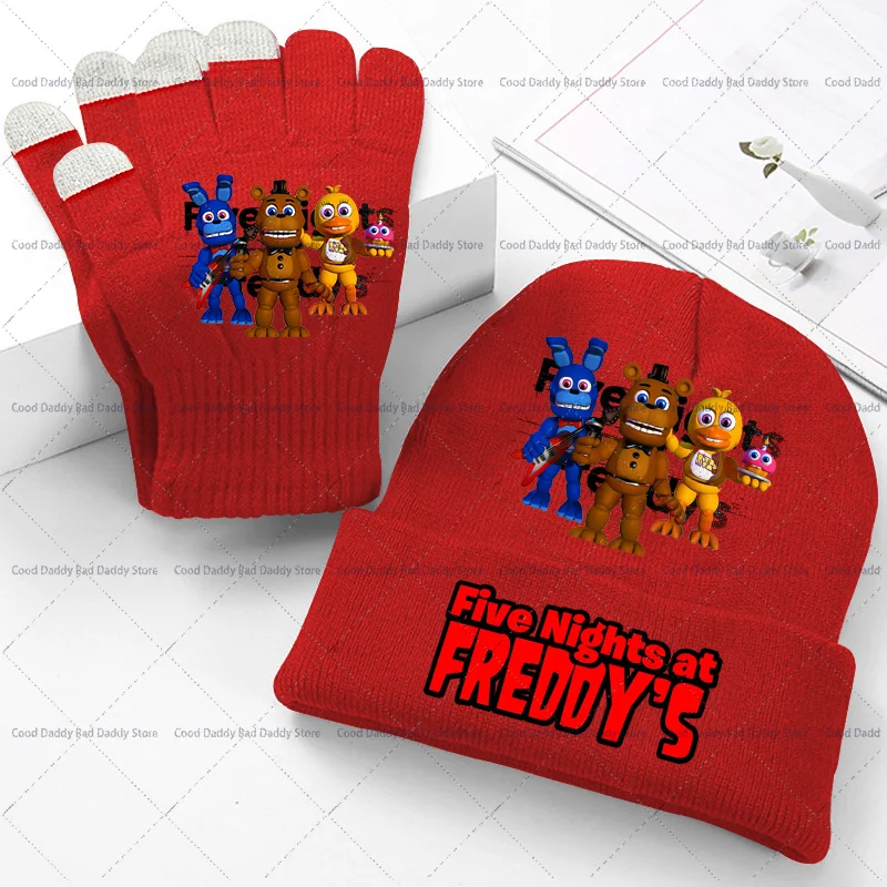 2PCS Anime Printed Knit Cap Gloves Winter Accessories Five Night At Freddys Cute Knitted Hat Glove Set Cartoon Birthday Gifts