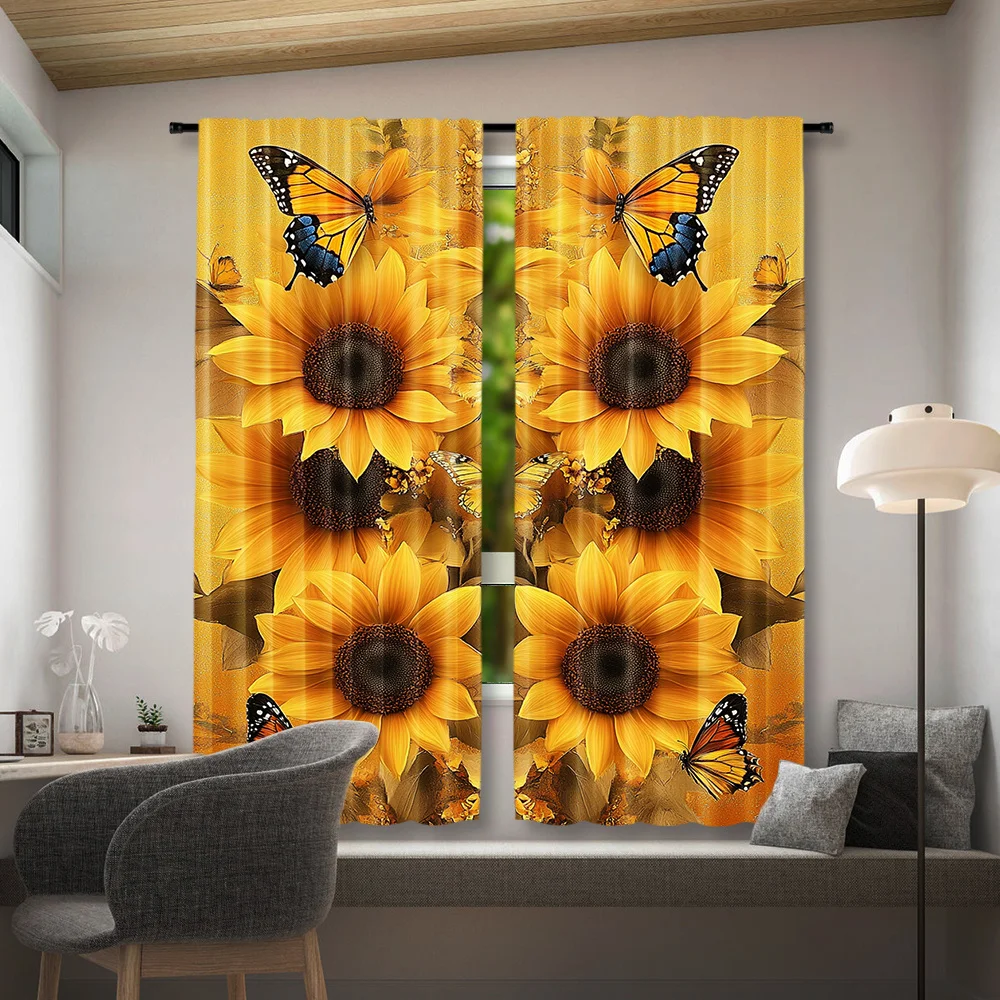 Sunflower Monarch Butterfly Curtain 2 Panels, Bright Yellow Sunflower Butterfly Warm Golden Background Print, Drapes for Curtain