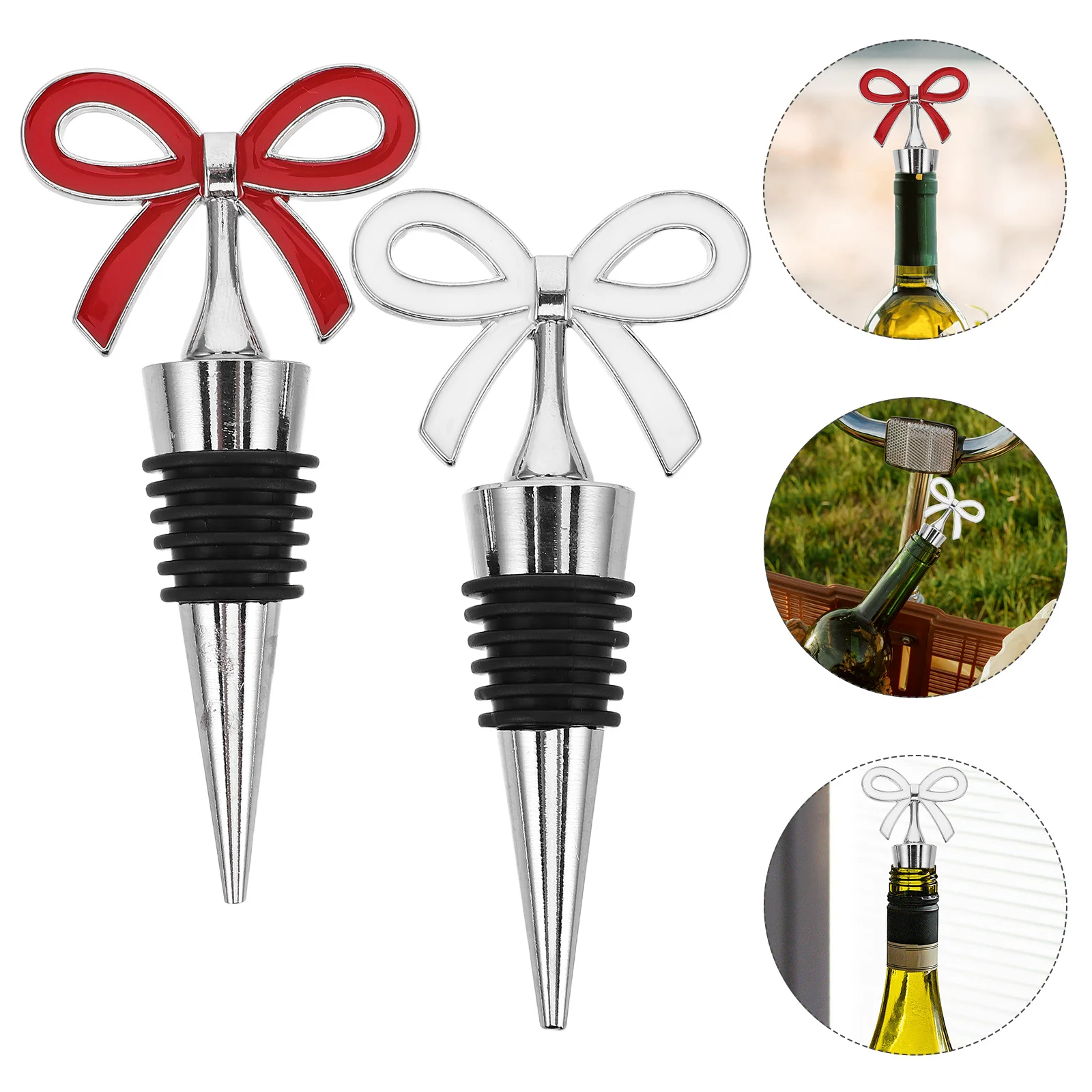 

2pcs Red Wine Bottle Stoppers Bowknot Design Airtight Seal For Party Wedding Home Use Reusable Silicone Alloy Wine Plugs