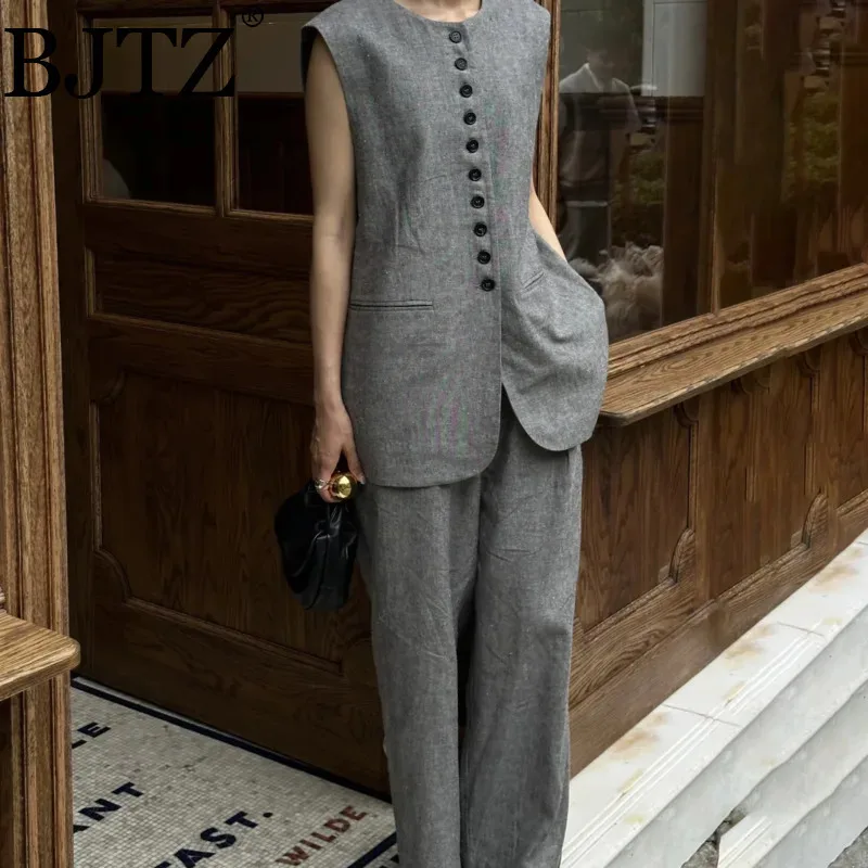 

BJTZ Cotton Linen Two Piece Set For Women 2025 Summer Casual Elegant Light Luxury Niche Linen Blend Vest Top 2-Piece Sets New