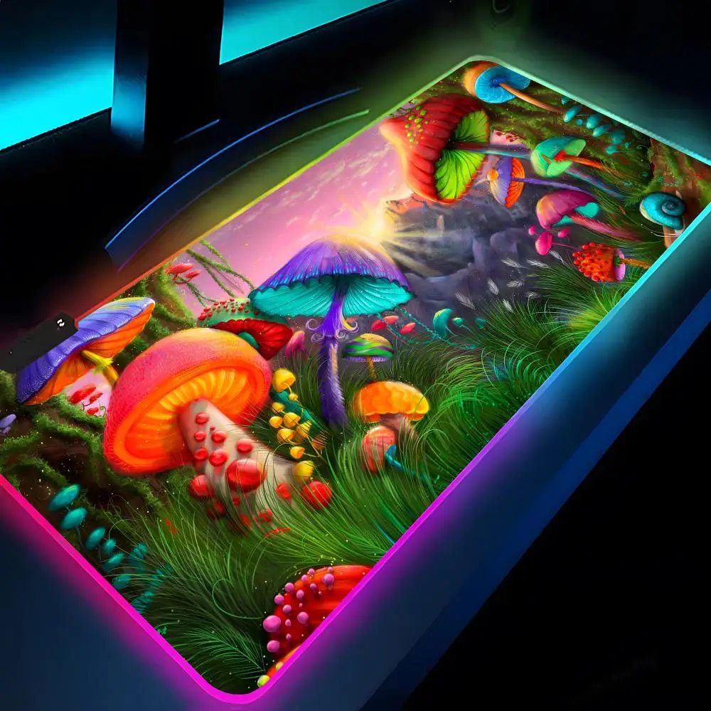 Trippy Psychedelic Mushrooms Eye Mouse Pad Rgb Xxl Laptop Mat Gaming Mousepad Backlit Keyboard Gamer Girl Table Pads Desk