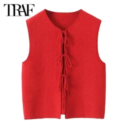 TRAF Women's Crop Vest Summer 2024 Knit Lace-Up Vest Bow Cutwork O-Neck Sleeveless Top Korean Reviews Many Vest Woman Trend Vest