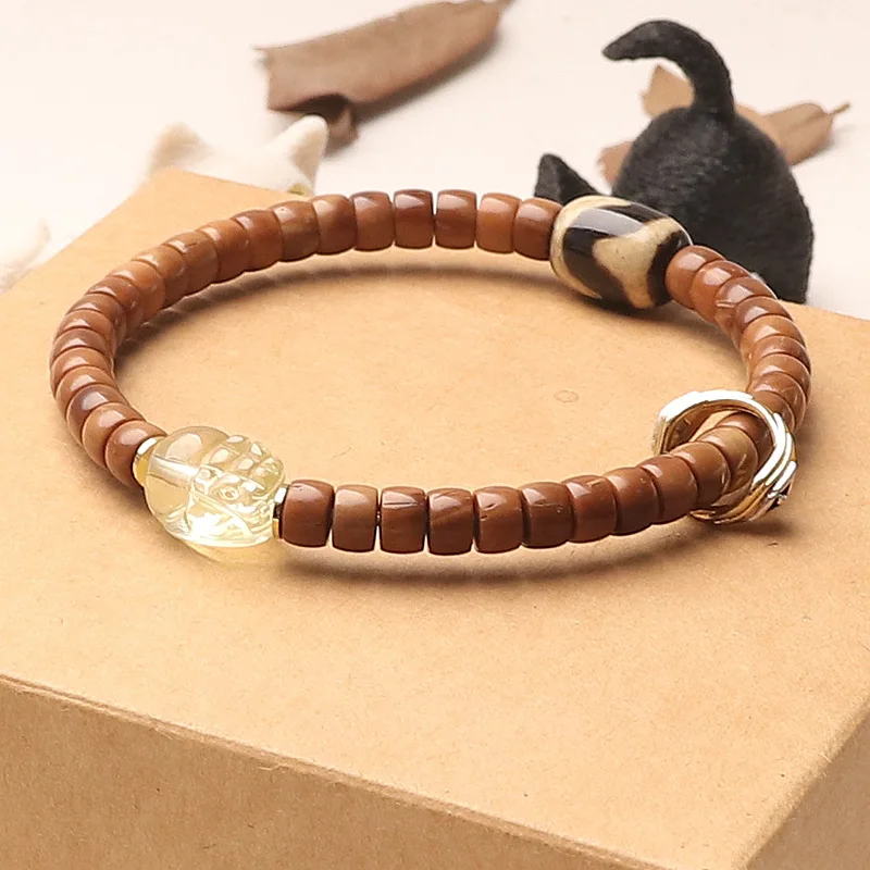 

High Polished Indonesian Kuk Beads Bracelet: Straight Cut Extreme Arc Pixiu Citrine, Unisex Gift