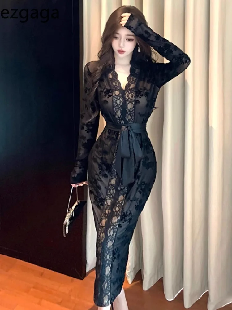 Ezgaga Temperament Dresses Women Lace Patchwork Sexy Bandage V Neck Slim Stretch Long Sleeve Elegant Party Dress Ladies Fashion