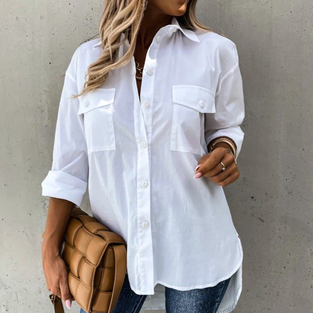Otoño primavera botón suelto blanco negro blusa Tops Casual mujer OL ropa de trabajo Irregular Blusa de manga larga camisas