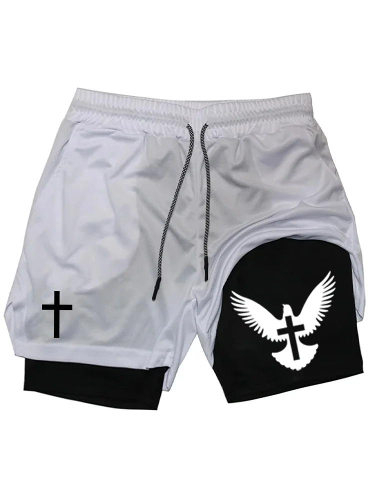 Men's 2-in-1 Double Layer Gym Shorts, Christian Cross Dove Print Quick Dry Workout Running Shorts with Pockets for Fitness WX029