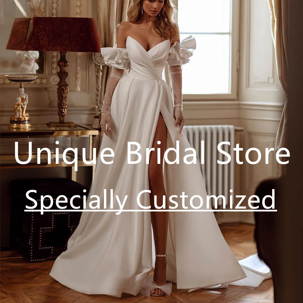 

Customized A-Line Satin Wedding Gown Draped Off The Shoulder High Split Elegant Vestido De Noiva Backless Button Court Train Bri