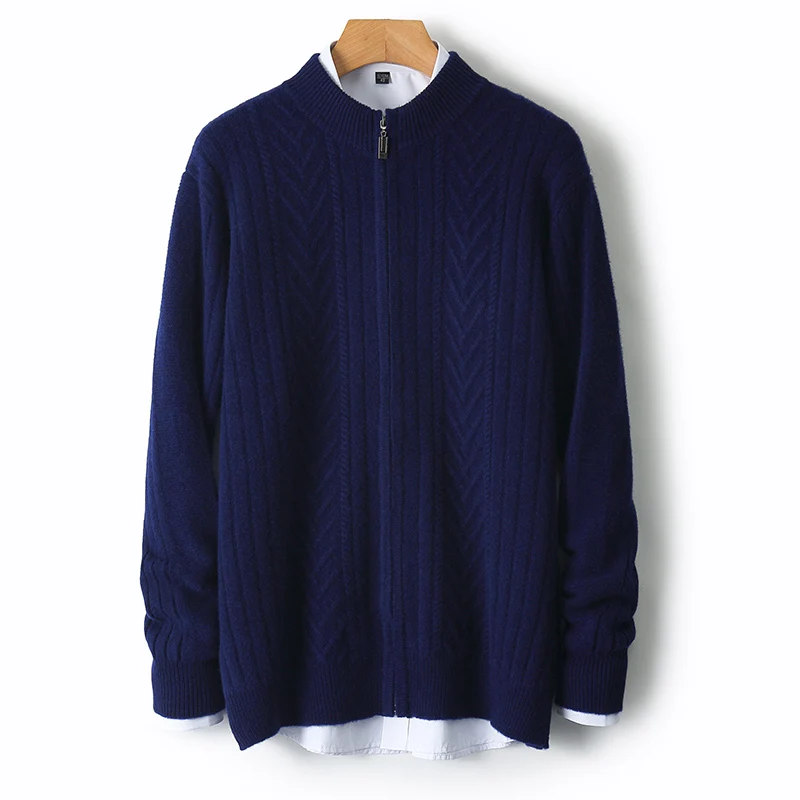 

Autumn/Winter thickened 100% pure wool zipper cardigan men's semi-turtleneck lozenge jacquard sweater coat sweater