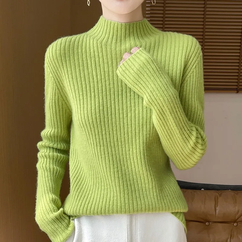 Women's 100% Wool Sweater, Semi High Neck Knitted Vertical Stripe Pullover, Autumn And Winter Thick Cashmere Casual Knitted Top