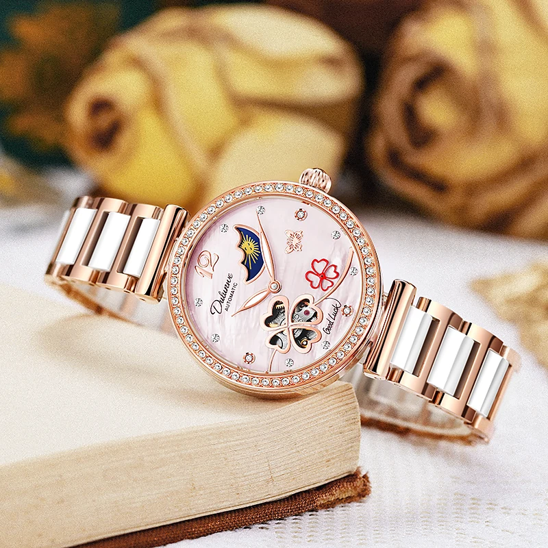 ساعة Dulunwe ميكانيكية أوتوماتيكية بالكامل مقاومة للماء للنساء، ساعة عصرية للشمس والقمر والنجوم متعددة الوظائف #5