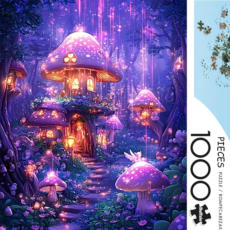 1000 قطعة من أحجية الغابة المسحورة الصغيرة - مشهد قرية الفطر السحري مع أضواء خرافية، 38.0 × 26.01 سم، صعوبة متوسطة