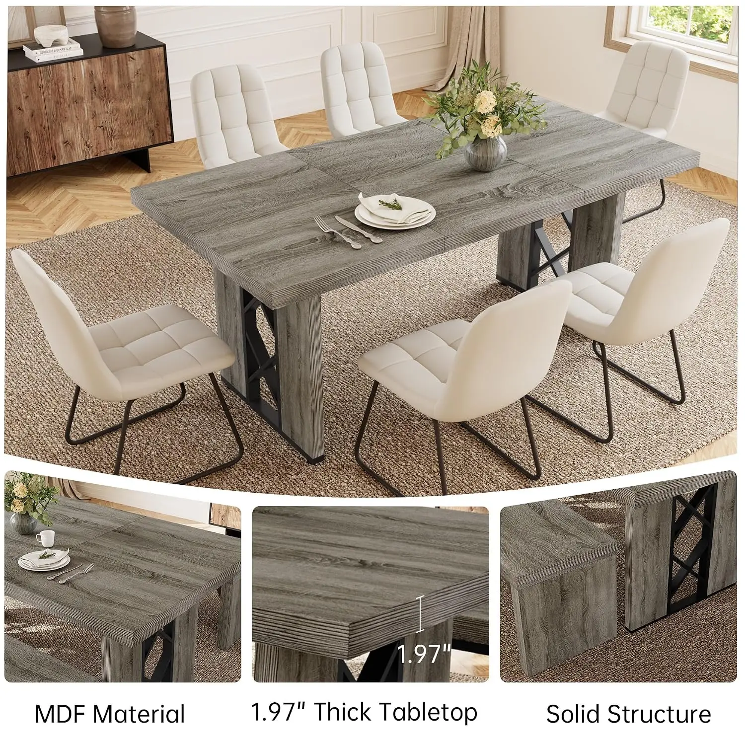 7-Piece Dining Set for 6, Grey Table with 6  White Chairs, Customized