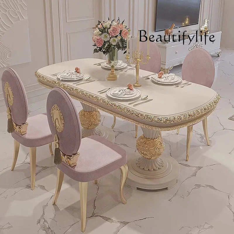

court solid wood dining table and chairs American light luxury oval carved dining table living room dining room combination