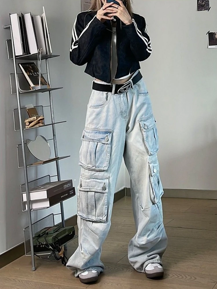 Autumn Winter New Multi-Pocket Blue Washed Jeans Cargo Pants Y2k Harajuku Casual Wide Leg Pants  American Street Style Baggy Car