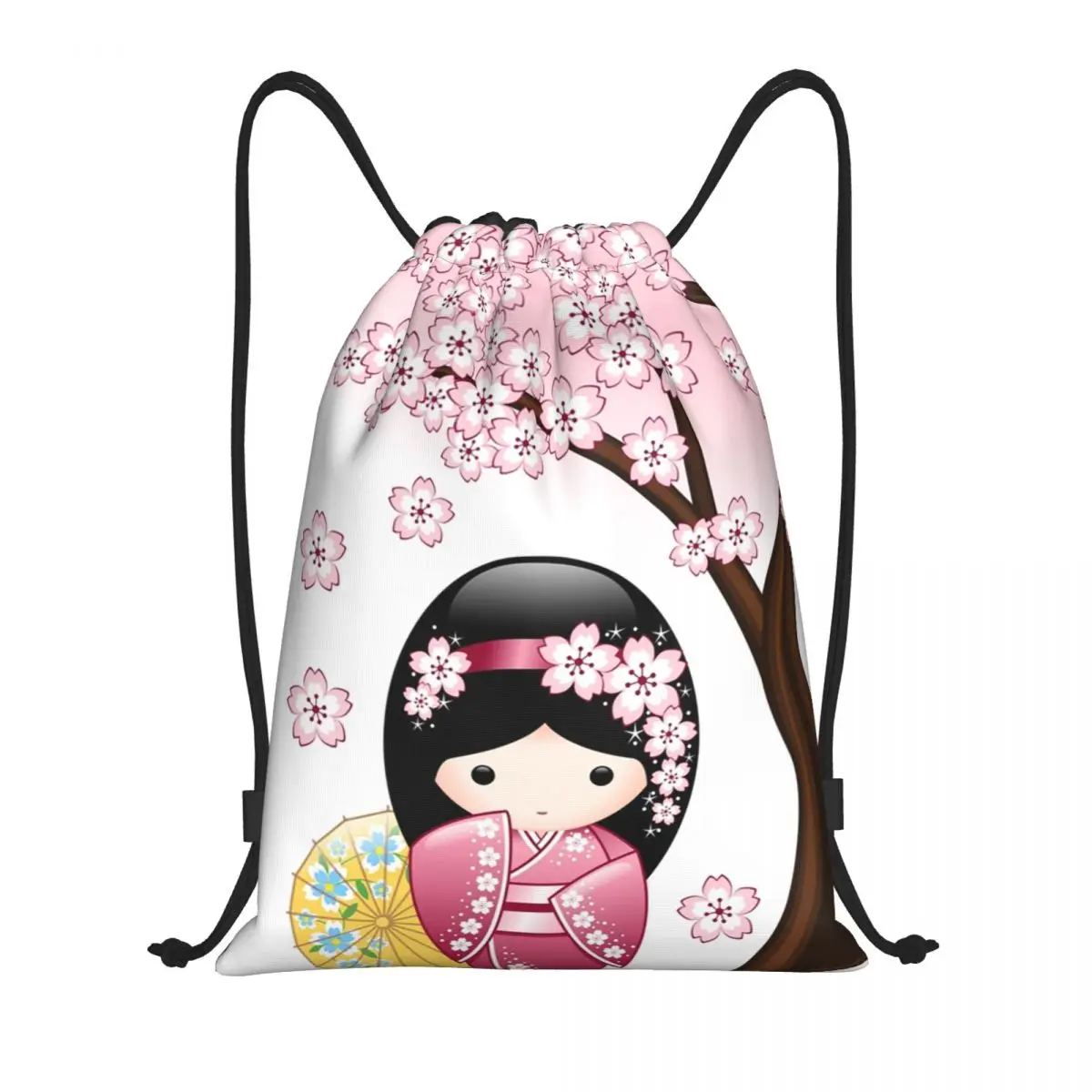 Japanese Spring Kokeshi Doll Drawstring Bag for Training Yoga Backpacks Cute Girly Sakura Cherry Blossom Sports Gym Sackpack