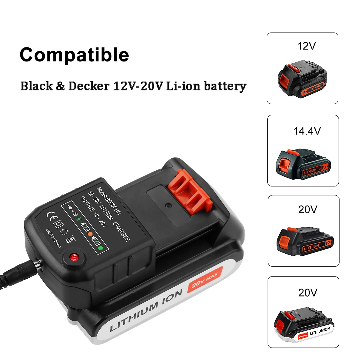 블랙 앤 데커용 충전기 시리즈 리튬 이온 충전식 배터리 교체, 전동 공구, LBXR20, LB20, 12V, 14.4V, 18V, 20V