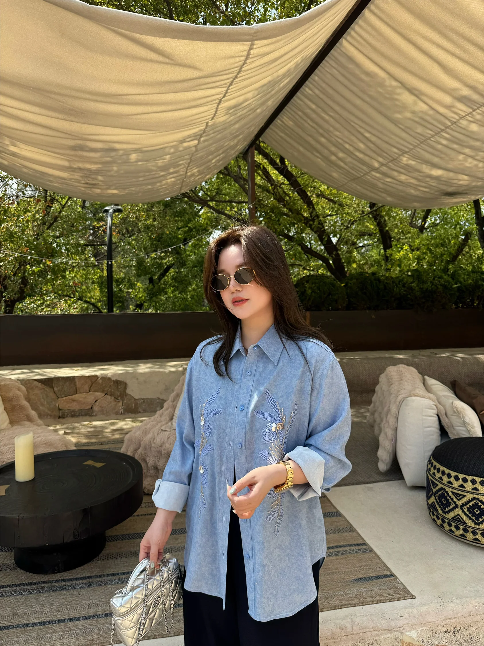 

Рубашка с объемной вышивкой и жемчужной отделкой на передней панели, большие размеры, женская, повседневный стиль, длинный рукав, цветочный узор, дышащая, комфортная