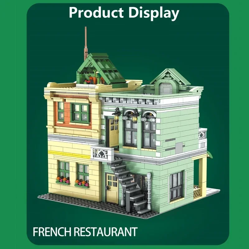 Architectural Street View French Restaurant Building Blocks Model LED Light Assembly Learning Puzzle Toy for  Gift Display