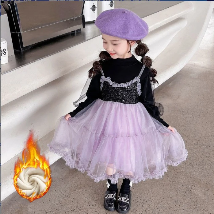

Ins Autumn Winter Kids Girls Birthday Dress Lace Spliced Mesh Sleeve Shinny Sequins Baby Girl Dress Children Girl Princess Dress