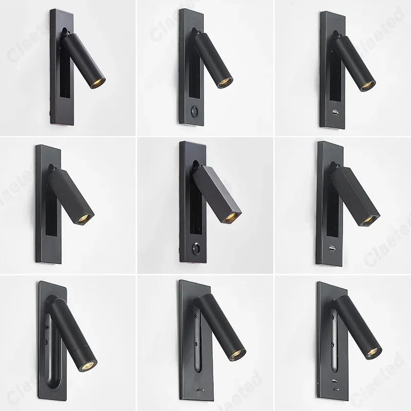 LED Embedded Adjustable Angle Wall Lamp USB Charging Port Bedroom Bedside Reading Wall Lamp Indoor Decorative Lighting Fixture