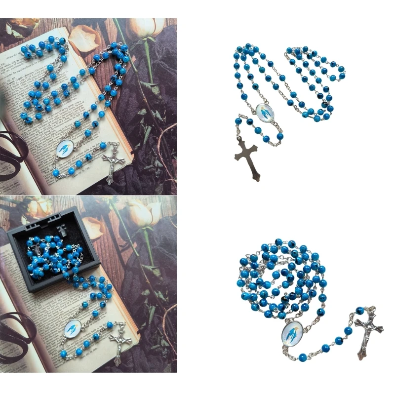 Vintage Glass Sapphires Blue Bead Necklace Religious Cross Pendant Rosary Necklace Christian Prayer Jewelry Baptism Gift 87HA