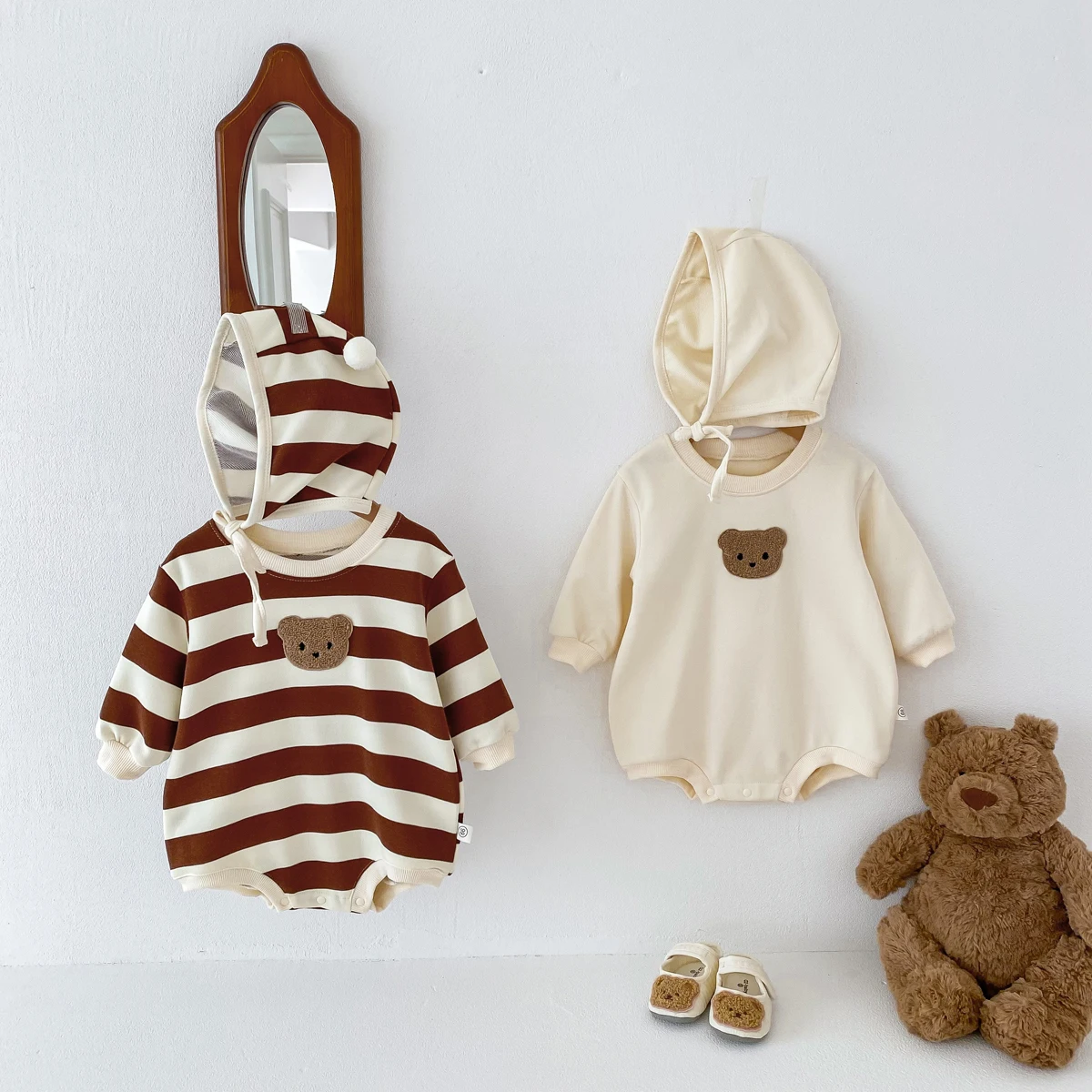 FLM Baby Romper Long Sleeved Bear Pattern + Hat Stripe Toddler Boy  Jumpsuit Baby Clothes 0-24M