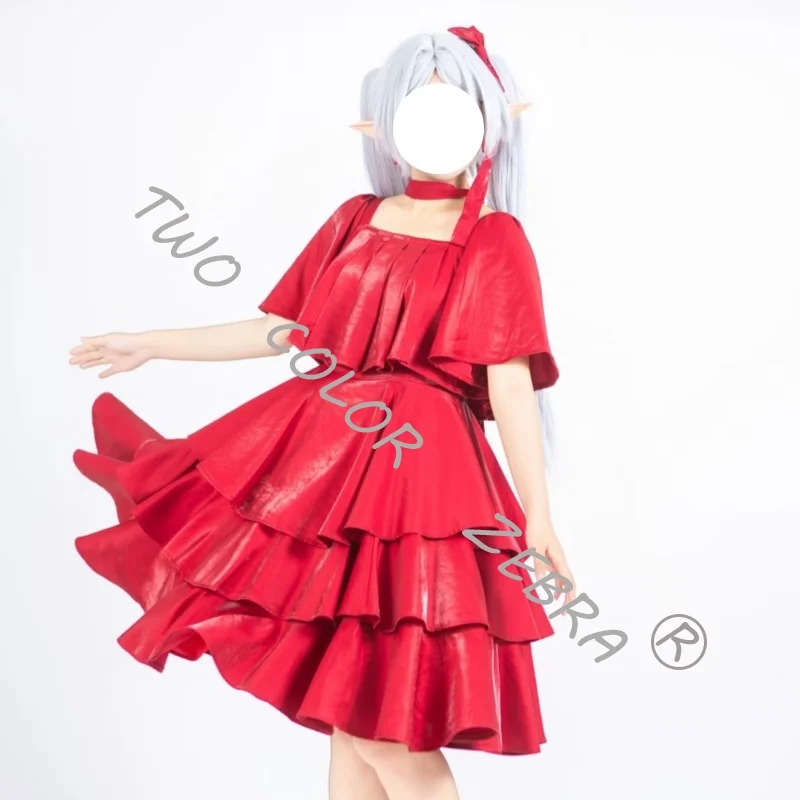 Cosplay Anime Sousou No Frieren Costume Red Evening Dress Layered Ruffle Skirt Headress Outfit for Comic Con and Halloween Party - view 6