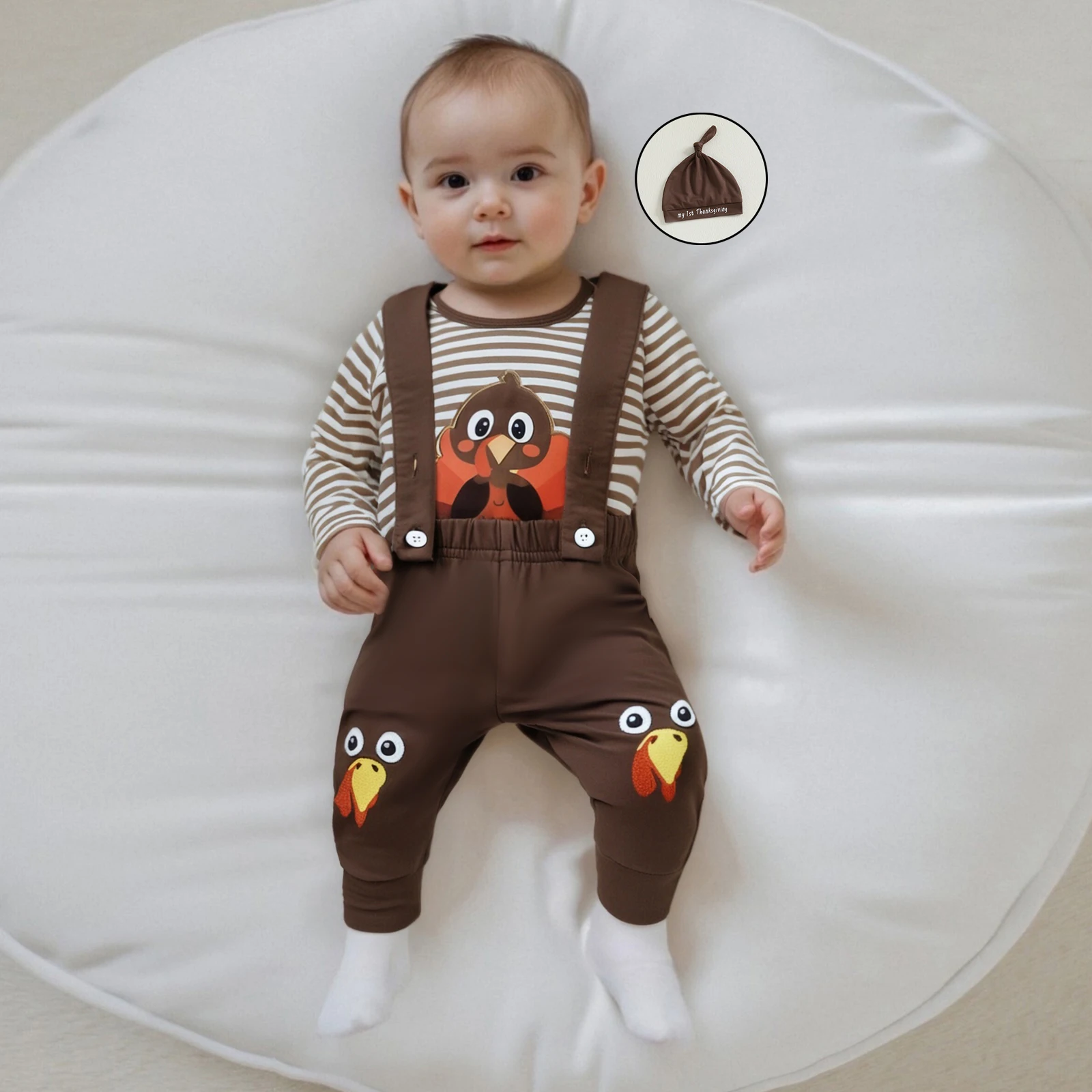 

Осенняя одежда для малышей, наряд на День Благодарения для мальчиков, комбинезон в полоску с длинными рукавами в Турции, штаны на подтяжках и шапка с завязками, комплект из 3 предметов