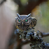 Retro Green Eye Owls Ring For Men Silver Color Punk Gothic Adjustable Ring Handmade Rock Hiphop Biker Jewelry Accessories Gift