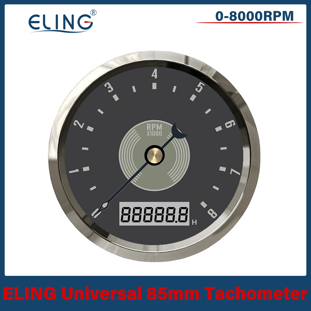 ELING 85mm (3 3/8'') Tachometer Tacho 0-8000RPM 0-12000RPM with LED Hourmeter Adjustable 12V 24V for Auto Motorcycle Boat