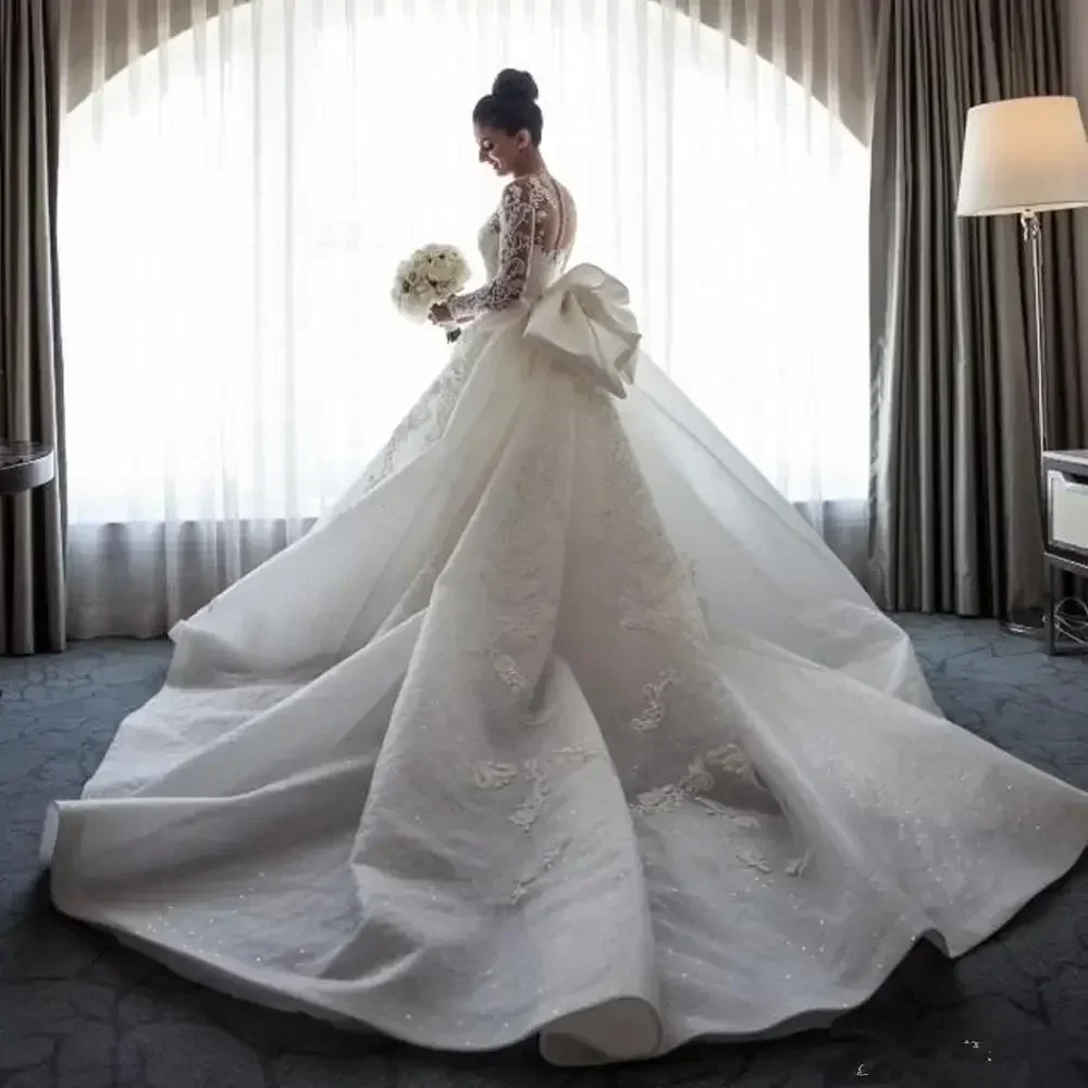 

Customized Mermaid Wedding Dresses Sheer Neck Long Sleeves Illusion Full Lace Applique Bow Overskirts Button Back Chapel Train B