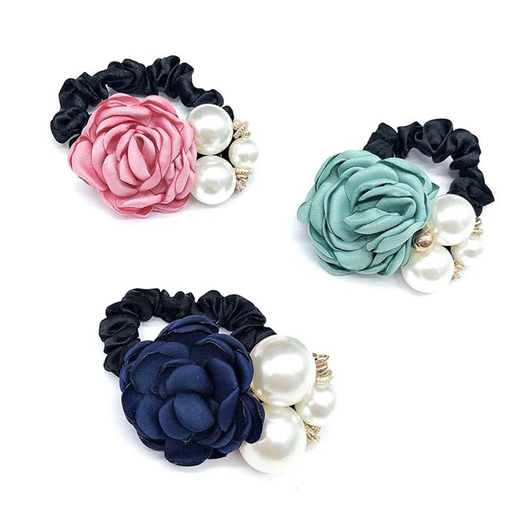 Fashion Big Imitate Pearl Rose Flower Hair Band for Women Girl Rhinestone Rope Ladies Rubber Ring Elastic Scrunchies Headwear