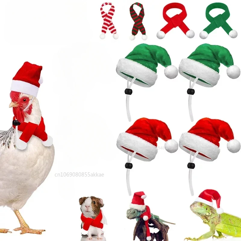 Christmas Pet Chicken Hat Scarf Set Mini Red Green Santa Hat Scarf Xmas Small Animal Hat for Hen Duck Hamster Guinea Pig Parrot