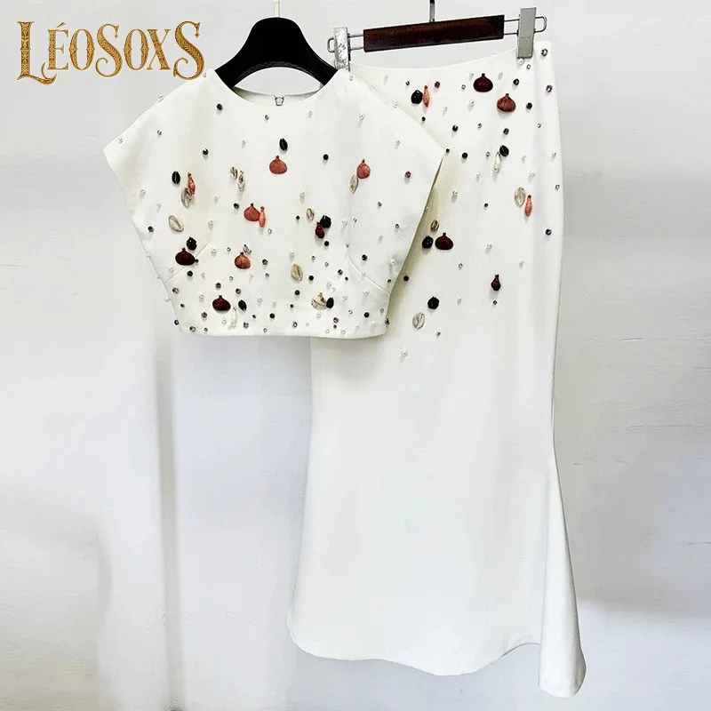 LEOSOXSNew Fashion Heavy Industry Shell Nail Bead Diamond Set Round Neck Sleeveless Short TopNail Bead Fish Tail Half Skirt Set