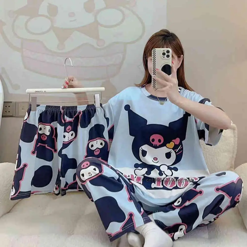 Kawaii 3Pcs Kuromi New Women's Pajamas Girls Summer T-Shirt Short Sleeve Pants Shorts Cartoon Stitch Cute Sleepwear Home Wear