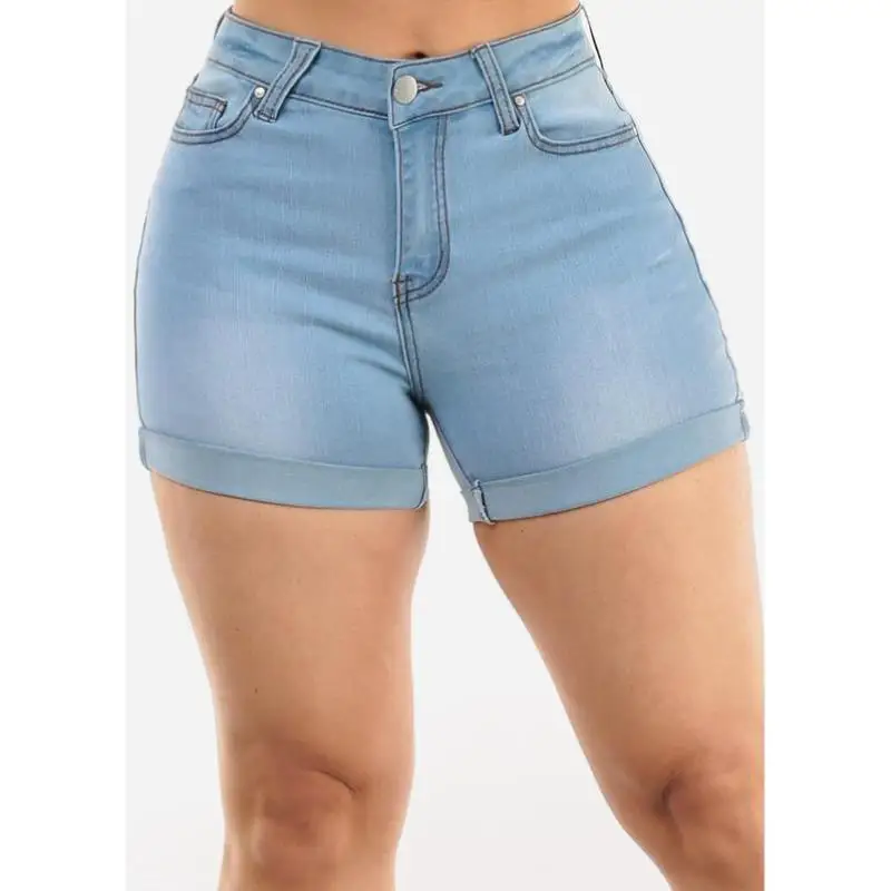 Taille mi-haute élastique à revers Denim orts bleu clair pantalons décontractés pour les femmes printemps été Faion Sle IAV408 PVC matériel