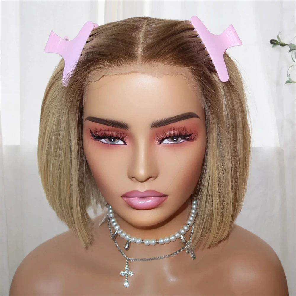 Natural Preplucked Hairline High Quality Synthetic Wig 13x4 Ombre Golden Blonde HD Lace Front Wig Soft Straight Bob 180% Density