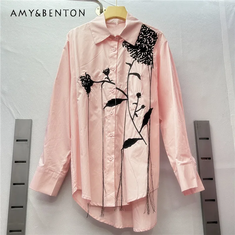 High-end Heavy Industry Fringed Embroidery Flower Loose Long-sleeved Shirt Light Luxury Casual Medium and Long Versatile Shirts