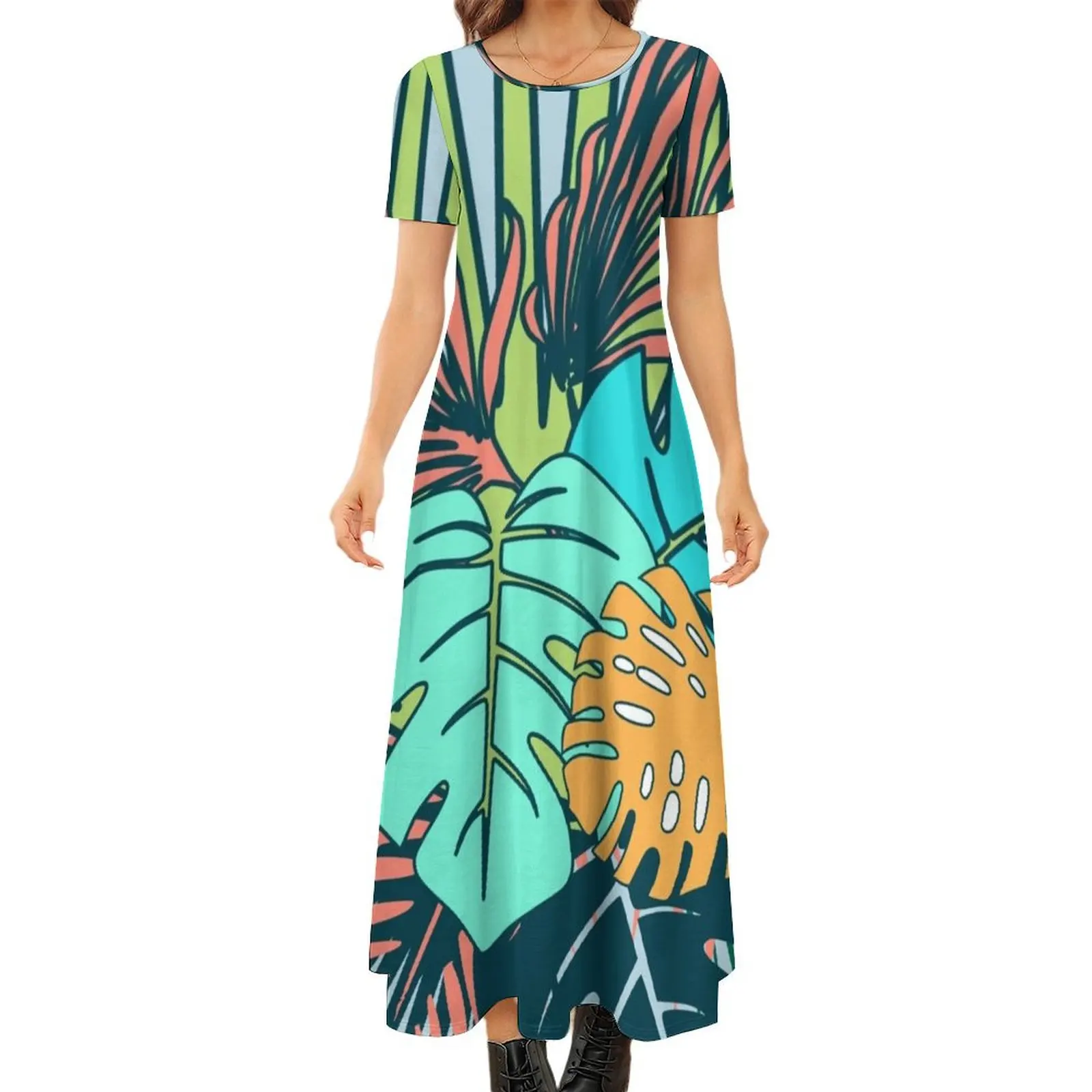 

Tropical Leaves blue Round Neck Short Sleeve Dress Long dress woman dresses for official occasions summer dresses ladies 2024
