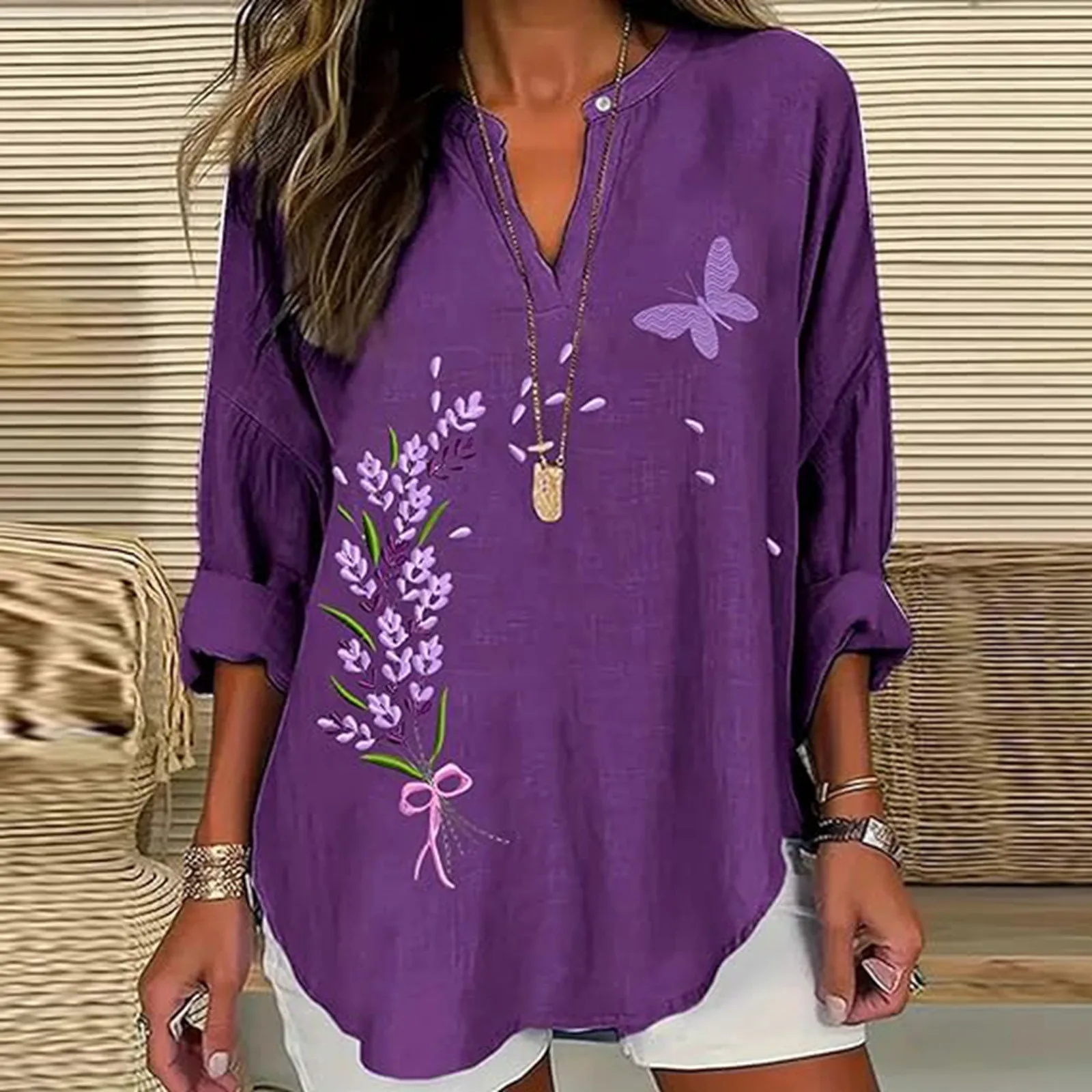 Summer Elegant Blouses For Women 2024 Women Casual Butterfly Purple Pansy Print Casual Long Blusas De Mujer 2024 Tendencia