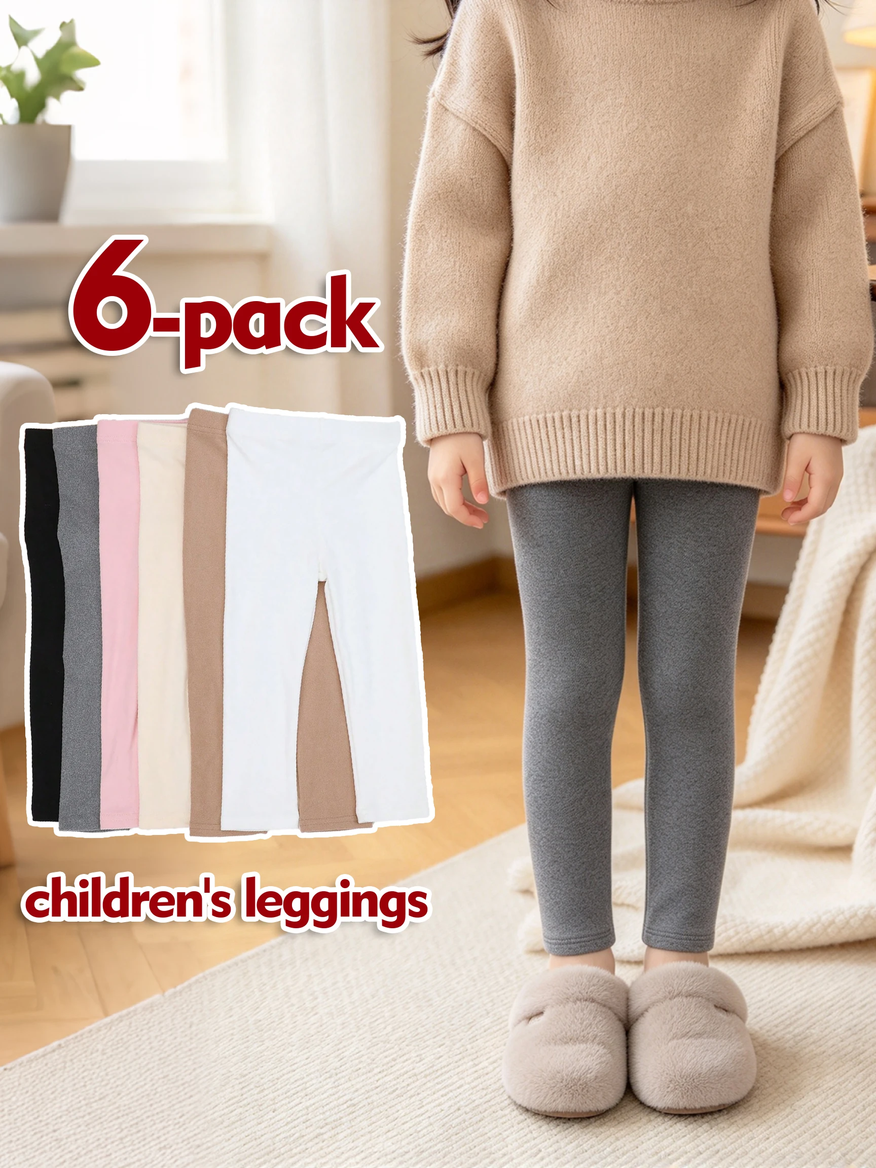6 Pack Girls Thermal Leggings, Kids 2-12Y Dralon Ruffle Trim Casual Pants, Soft Warm Bottoms for Girls Daily Autumn Winter Wear