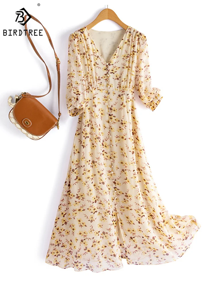 

Birdtree 100%Mulberry Silk Elegant Party Dress Women Crepe V-neck Half Sleeve Floral Print Dresses 2024 Spring Summer D41321QM
