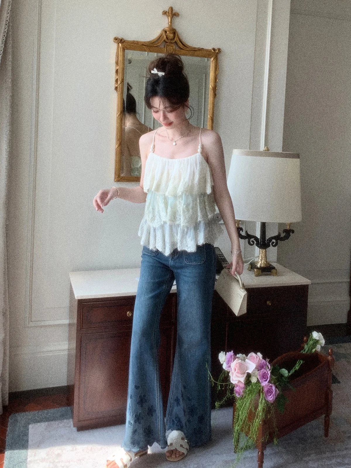 

Blue Embroidered Straight Leg Bell Bottom Jeans Women's Summer Elastic High Waist Retro Style Ladies Premium Quality Denim